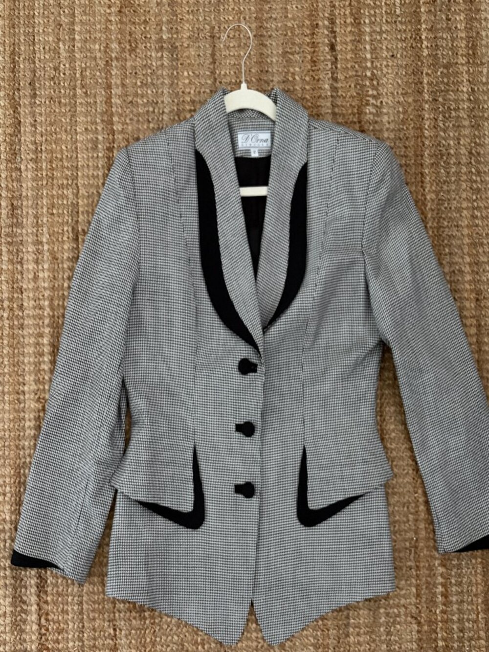 Vintage 90s Black & White Houndstooth Blazer | Contrast Shawl Collar